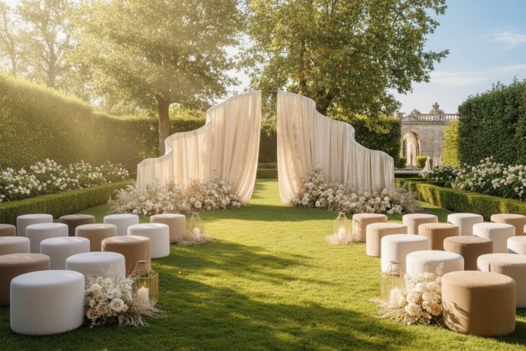 Escenografía ceremonial con pasillo blanco y puffs en jardín